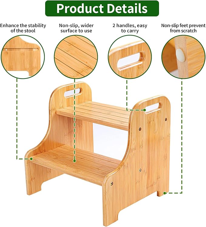 VaeFae Bamboo 2 Step Stool with Non-Slip Step Treads and 2 Cutout Handles