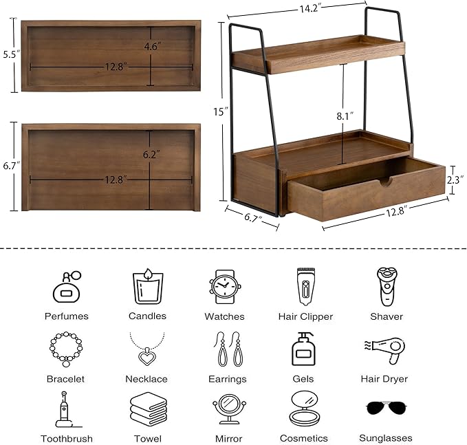 2-Tier Bathroom Organizer Countertop with Drawer, Wood Counter Organizer for Bathroom Decor, Sink Shelf for Vanity Storage, Makeup Tray for Perfume Skincare Bedroom Kitchen Corner