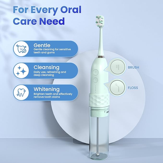Portable Water flosser with Electric Toothbrush, 2 in 1 Teeth Cleaning Kit, Electric Toothbrush and flosser Combo, Water Flosser for Travel and Home (Green)