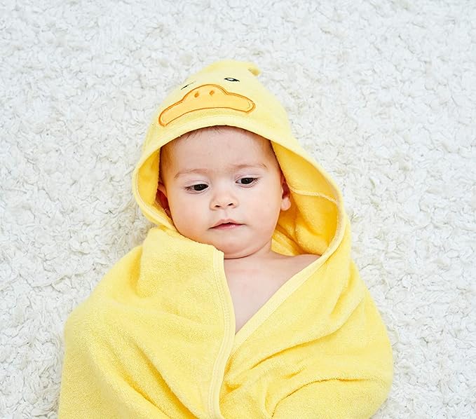 HIPHOP PANDA Hooded Towel - Rayon Made from Bamboo, Bath Towel with Bear Ears for Newborn, Babie, Toddler, Infant - Absorbent Large Baby Towel - Yellow Duck, 37.5 x 37.5 Inch