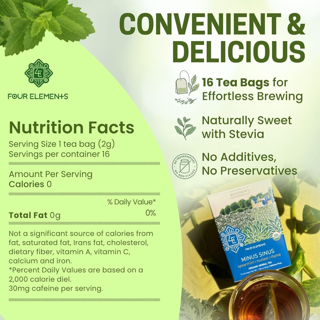 Four Elements Minus Sinus Tea 2 x [16 Teabags, 1.2 oz] | Organic Spearmint Tea with Mullein & Thyme | Caffeine Free Herbal Blend with Refreshing Aroma & Comforting Flavor | Enjoy Hot or Iced Latte