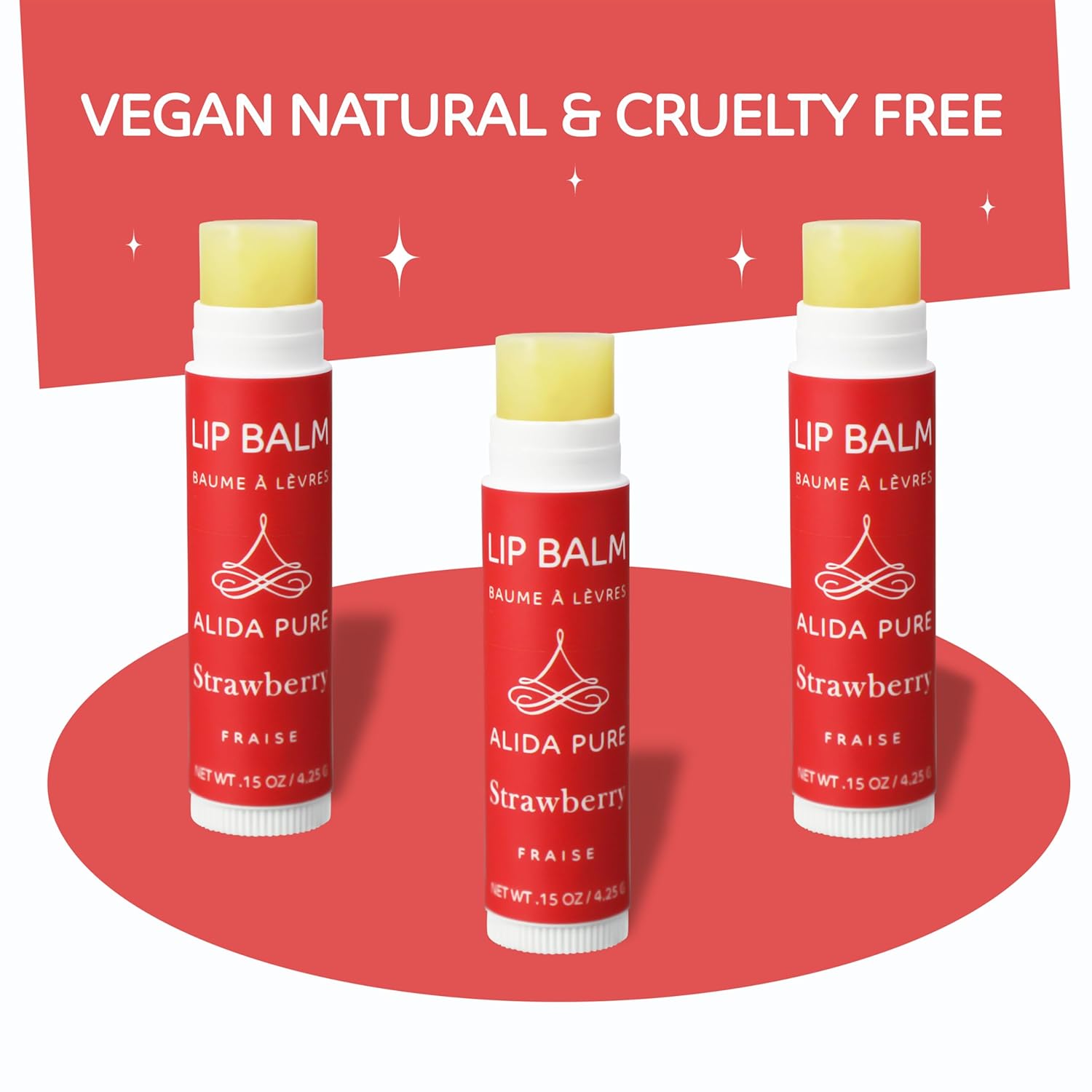 ALIDA PURE Strawberry Lip Balm Collection, Vegan, Lip Balm, Beeswax Free, with Avocado Oil, Organic Jojoba Oil, and Vitamin E, Natural Moisturizer for Dry, Chapped Lips, 3 Tube Set