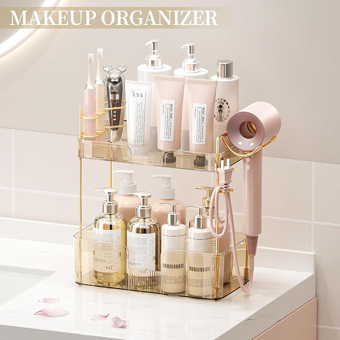 2 Tier Gold Bathroom Counter Organizer with Hair Dryer Holder, Skincare & Makeup Organizer, Cosmetics Shelf for Vanity Tray