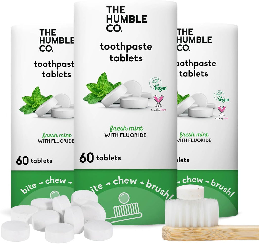 The Humble Co. Mint Toothpaste Tablets, 3 PK – Anticavity Fluoride Toothpaste Tablets with All Natural Ingredients, Dentist Developed Formula - Vegan, SLS Free, Plastic Free (Mint, 180 Count)