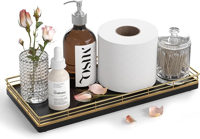 Oak Bathroom Toilet Tank Tray, 13" Paper Storage Basket Tray Back of Toilet Basket Organizer, for Perfume Makeup Candle Kitchen Counter Coffee Table Gold Decor