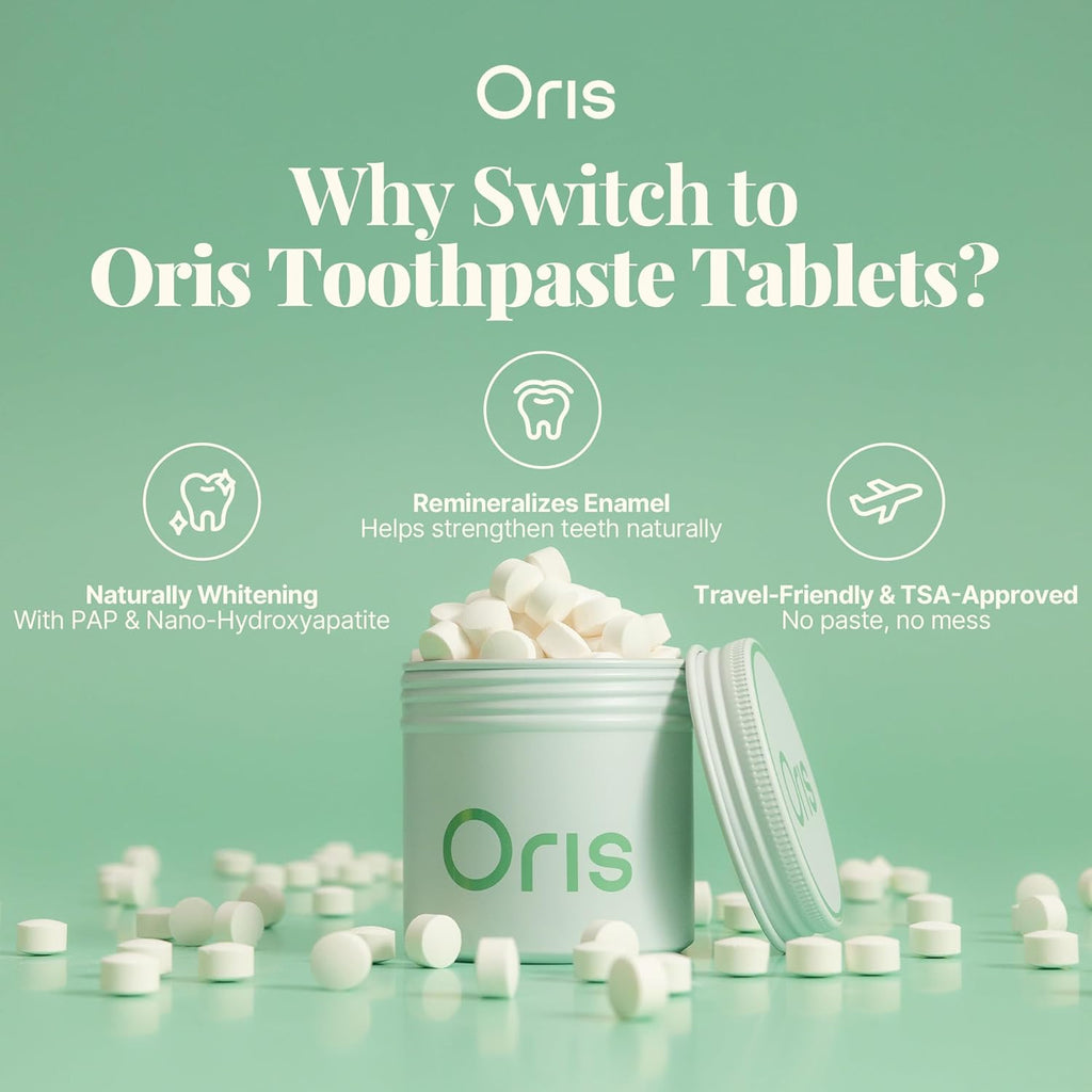 Oris Starter Bundle – 1 Month Supply: Natural Toothpaste Tablets | Fluoride-Free, Travel-Friendly, Kid-Safe with Enamel-Strengthening Nanohydroxyapatite (62 Count (Pack of 1), Spearmint)