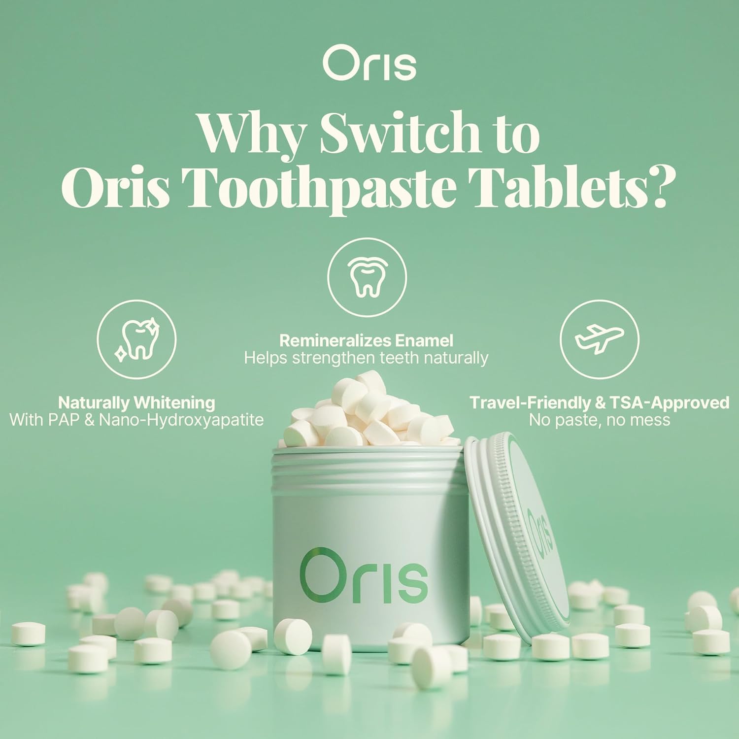 Oris Starter Bundle – 1 Month Supply: Natural Toothpaste Tablets | Fluoride-Free, Travel-Friendly, Kid-Safe with Enamel-Strengthening Nanohydroxyapatite (62 Count (Pack of 1), Spearmint)