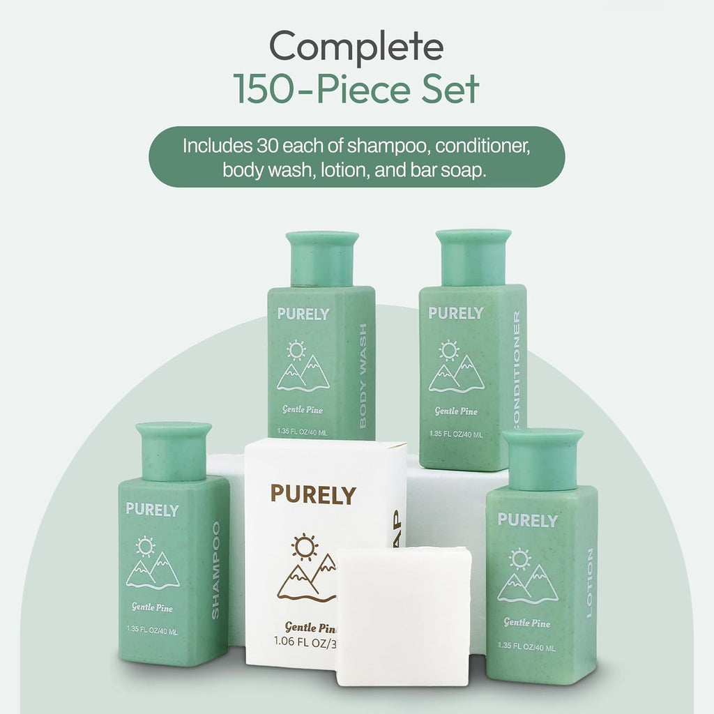 150‑Piece Bulk Travel Toiletries Set | Hotel & Airbnb Essentials | 1.3 oz Bottles (30 Shampoo, 30 Conditioner, 30 Body Wash, 30 Lotion, 30 Bar Soap) | Guest Bathroom Supplies + Homeless Outreach