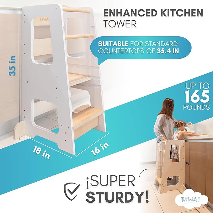 KYWAI® Toddler Kitchen Stool Helper, Adjustable Standing Tower with Safety Rails, Anti-Tip Design & Non-Slip Stickers, Sustainable Product with Extra Memory Game Made from Leftover Wood (White)