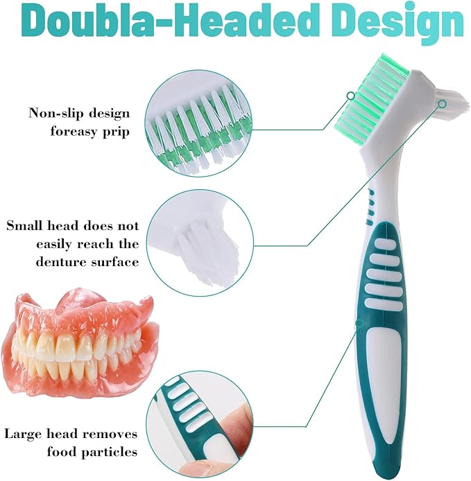2Pcs Denture Cleaning Brush Kit False Teeth Toothbrushes with 1 White Carrying Case Travel Multi-Layered Soft Bristles Denture Cleaner Ergonomic Rubber Handle(Green and Purple)