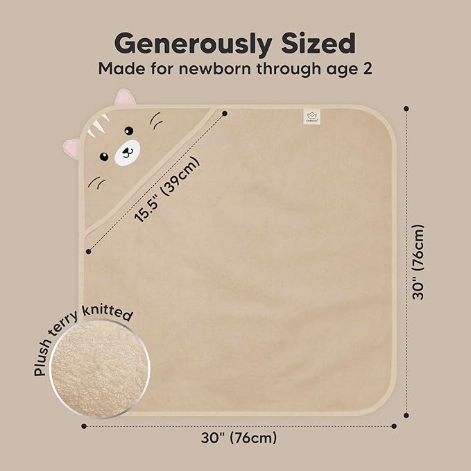 KeaBabies Hooded Baby Towel for Newborn - Viscose Derived from Bamboo Large Baby Bath Towels with Hood for Boys, Girls, Toddler, Extra Absorbent & Soft Newborn Bath Essentials (Cat, Petite)