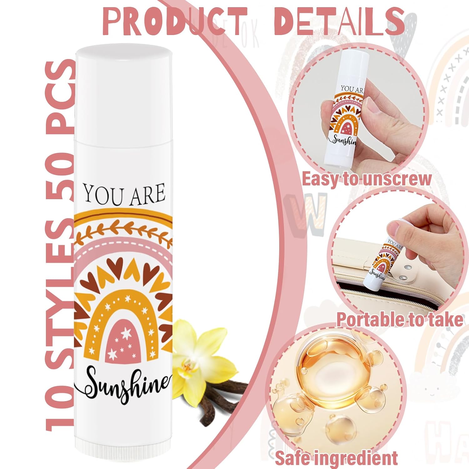 50 PCS Bohemian Rainbow Lip Balm Bulk Inspirational Words Appreciation Gift for Women Thank You Gifts Moisturizer Lips for Baby Shower Coworkers Friend Wedding Bridal Shower Thanksgiving Christmas