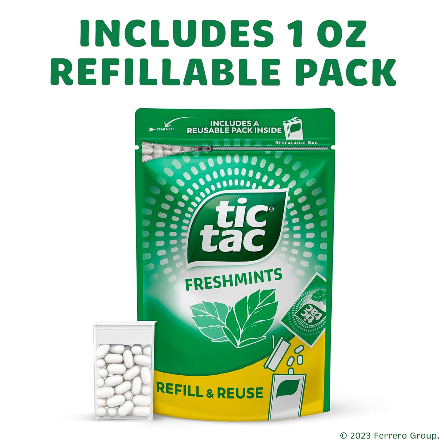 Tic Tac Bulk Resealable Refill Bag, Freshmint Breath Mints, On-The-Go Refreshment, Includes Empty Refillable Pack, 17.2 oz