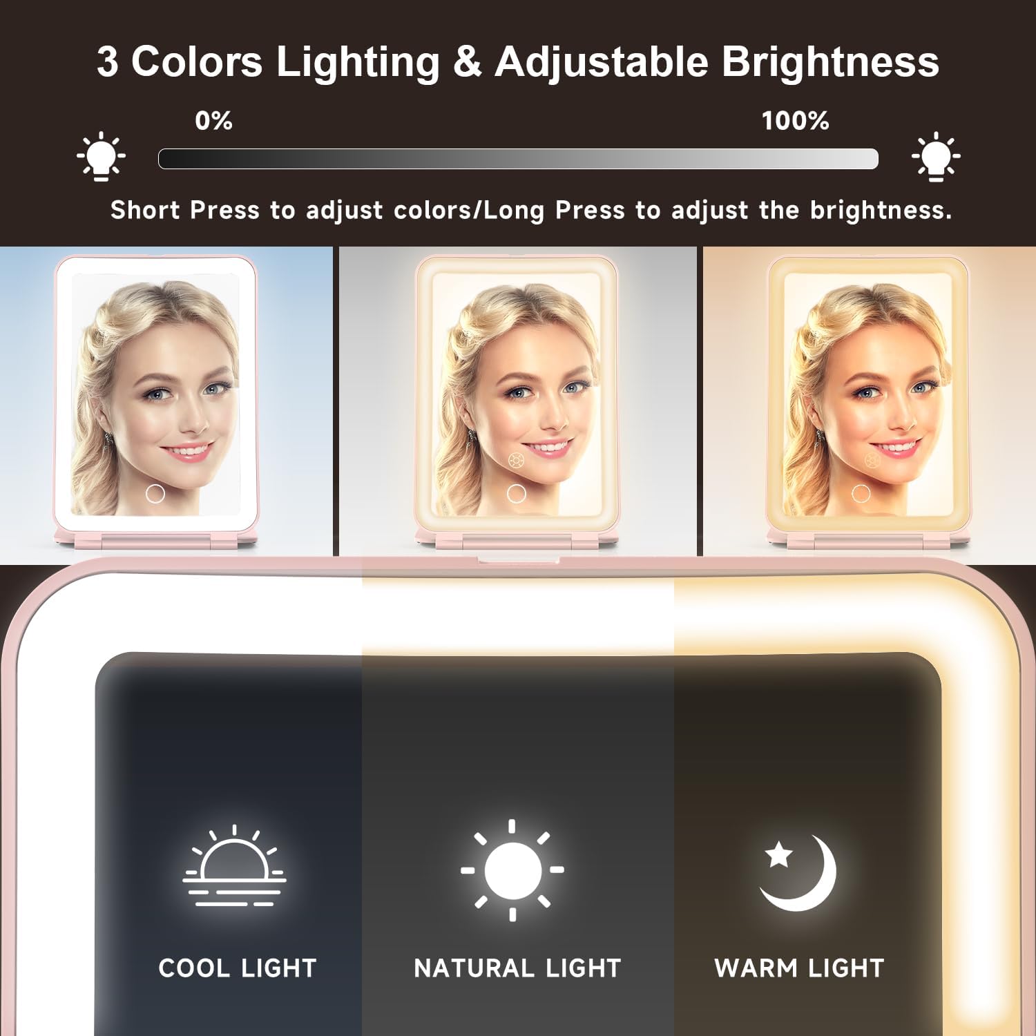 Mocado Travel Makeup Mirror with Light, 1x/10x Magnifying Mirror with Light, 3 Colors Lighted Magnifying Mirror, 2000mAh Rechargeable Lighted Makeup Mirror, Dimmable Touch, Memory Function (Pink)