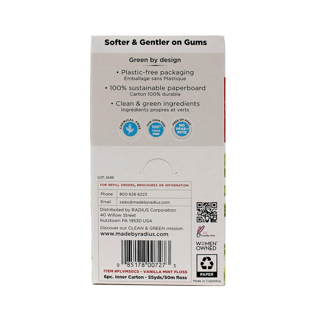 RADIUS Vanilla Mint Dental Floss 55 Yards Vegan & Non-Toxic Oral Care Boost & Designed to Help Fight Plaque Clear - Pack of 6