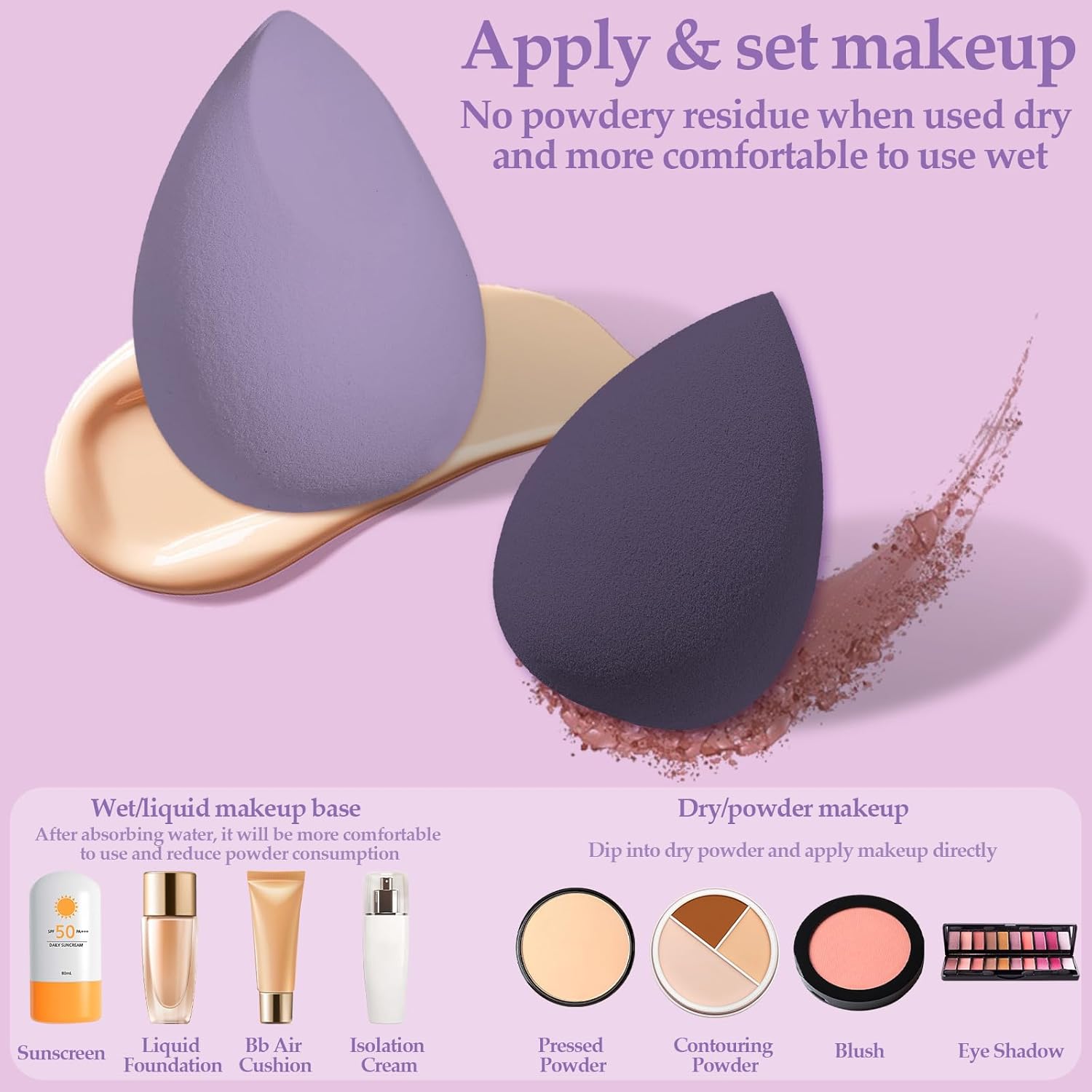 14 Pcs Makeup Sponge Set, Beauty Sponges Blender with 4 Pcs Powder Puff and 4 Pcs Mini Make up Sponges for Liquid,Foundation,Powder,Concealer,Cream (Purple)