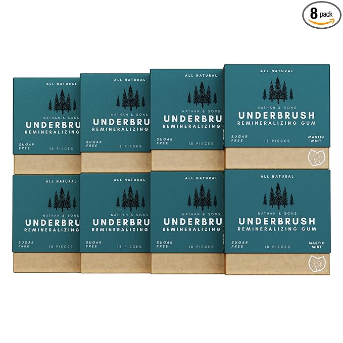 UnderBrush Mastic Mint Chewing Gum – Sugar-Free Xylitol Gum with Hydroxyapatite – No Gluten, Sugar, Aspartame and Sucralose - Tree Sap Chewing Base – 8 Pack