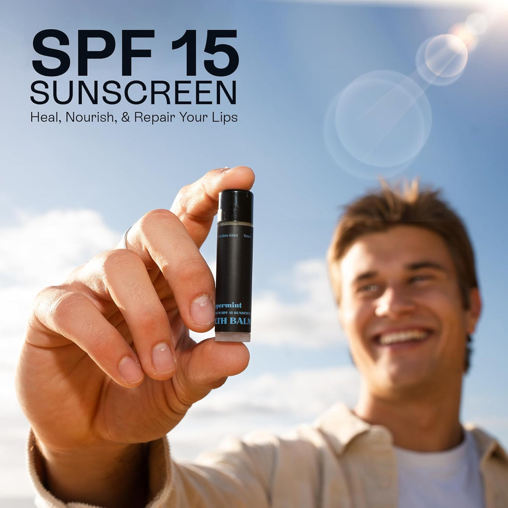 Men's Organic Mint Lip Balm - SPF 15 Sun Protection - Moisturizing Lip Balm - 3 Pack: Spearmint, Peppermint, Eucalyptus Mint - Gift for Men