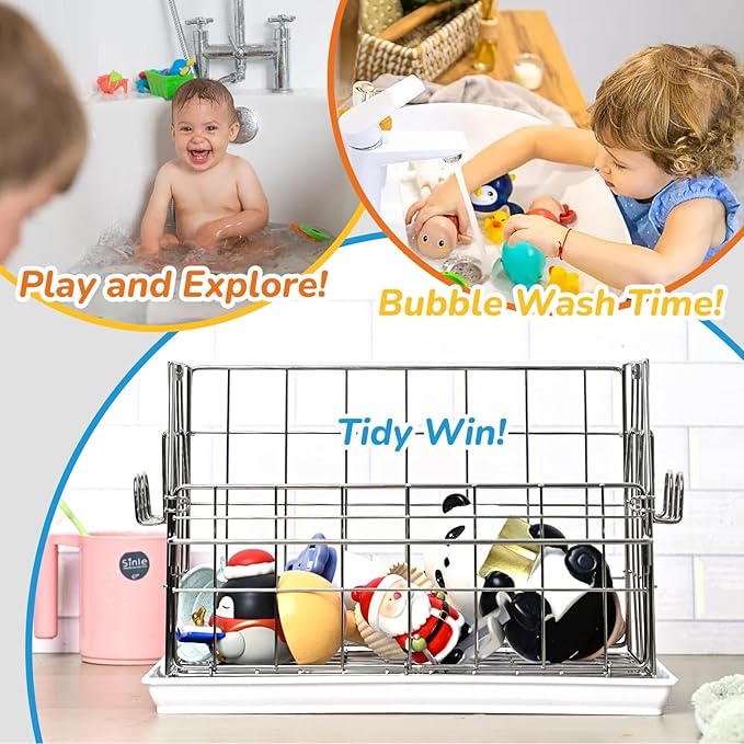 Umimile 304 Stainless Steel Bath Toy Organizer - 8.6L Rustproof Baby Bathtub Toy Storage with Quick-Dry Drain Holes, Mold Resistant Design for Toys/Shampoo, 3-Way Mount (Wall, Hanging, Stand)