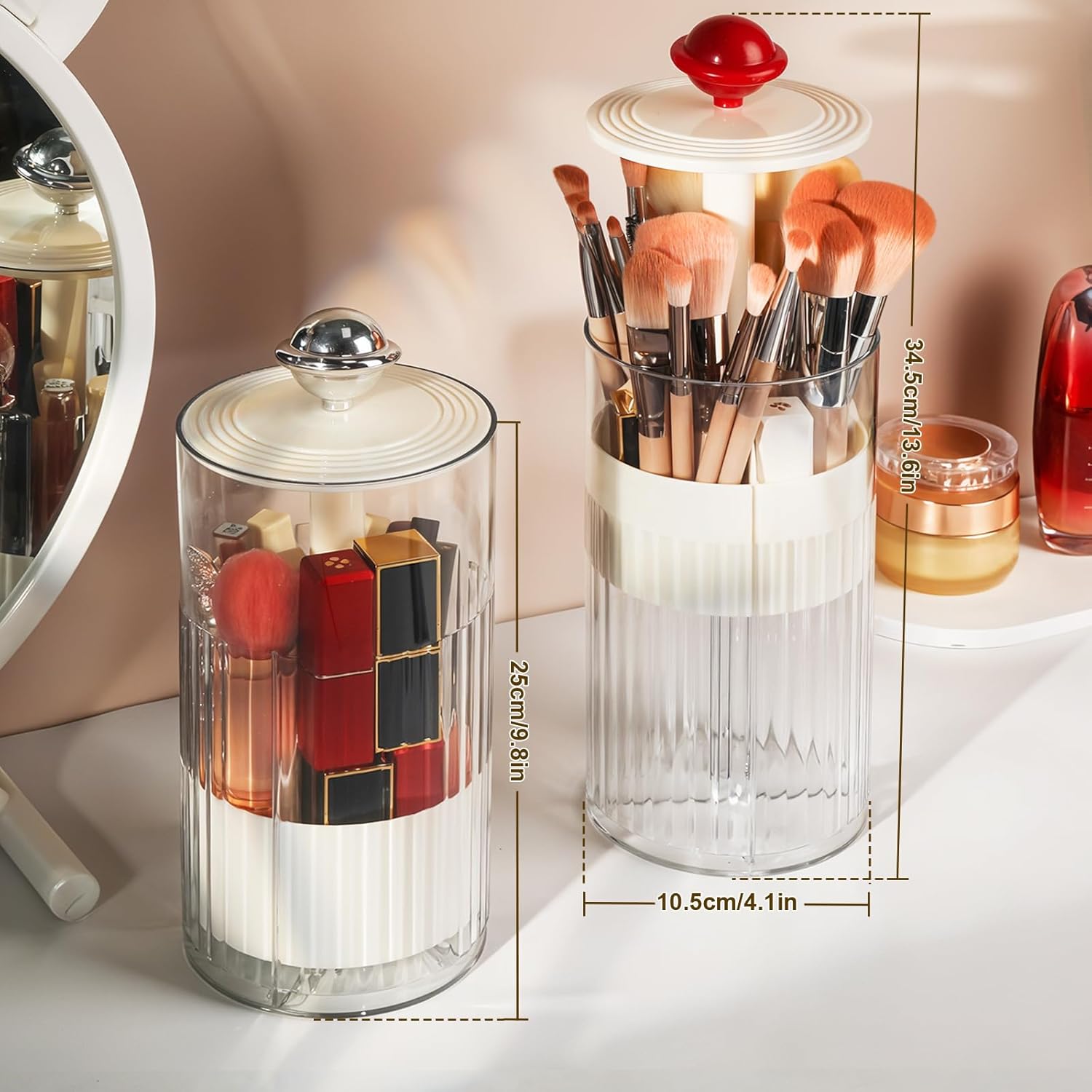 2 Pack Makeup Brush Holder with Lid Automatic Lifting Makeup Brush Organizer with Lid Dustproof & Waterproof 4-Compartment Clear Makeup Organizer for Vanity,Office,School,Dorm Room,Red+Silver