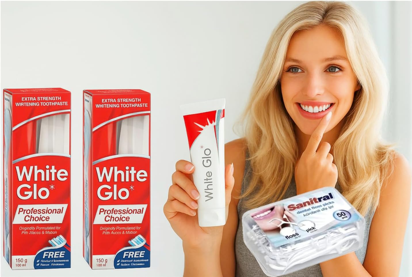 White Glo Extra Strength Whitening Toothpaste Professional Choice 100ml - 2 Packs with Sanitral 50 Pcs Dental Floss Stick Included as a Gift