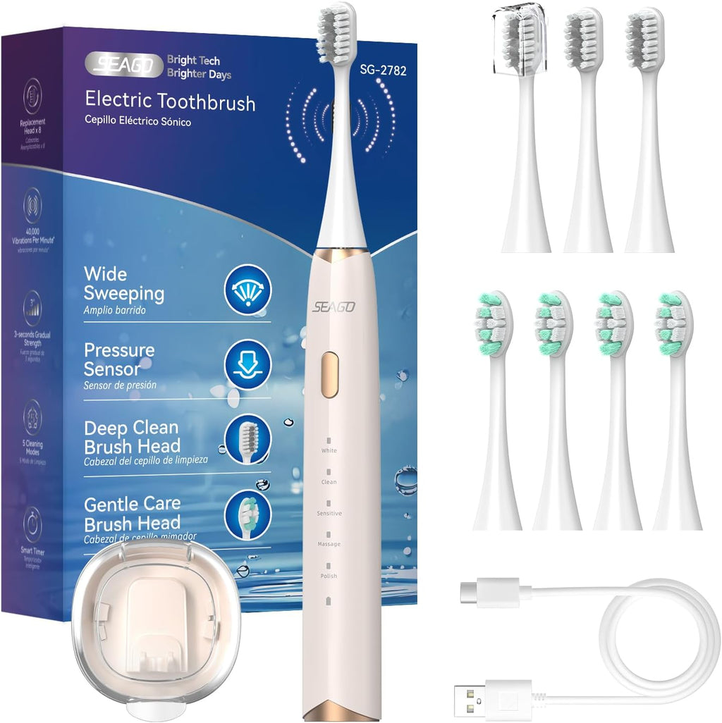 SEAGO Electric Toothbrush for Adults with Pressure Sensor, Sonic Toothbrushes Holder Wall Mounted, 60 Days Battery Life, 5 Cleaning Modes, 8 Replacement Heads, Timer & IPX7 Waterproof (Beige, Middle)