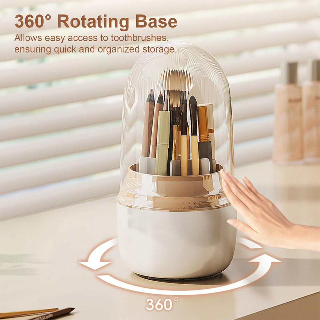 360° Rotating Toothbrush Holder with Cover, 7-Slot Bathroom Organizer for Electric Toothbrush, Toothpaste, Razors, Draining Water, Countertop Vanity Storage