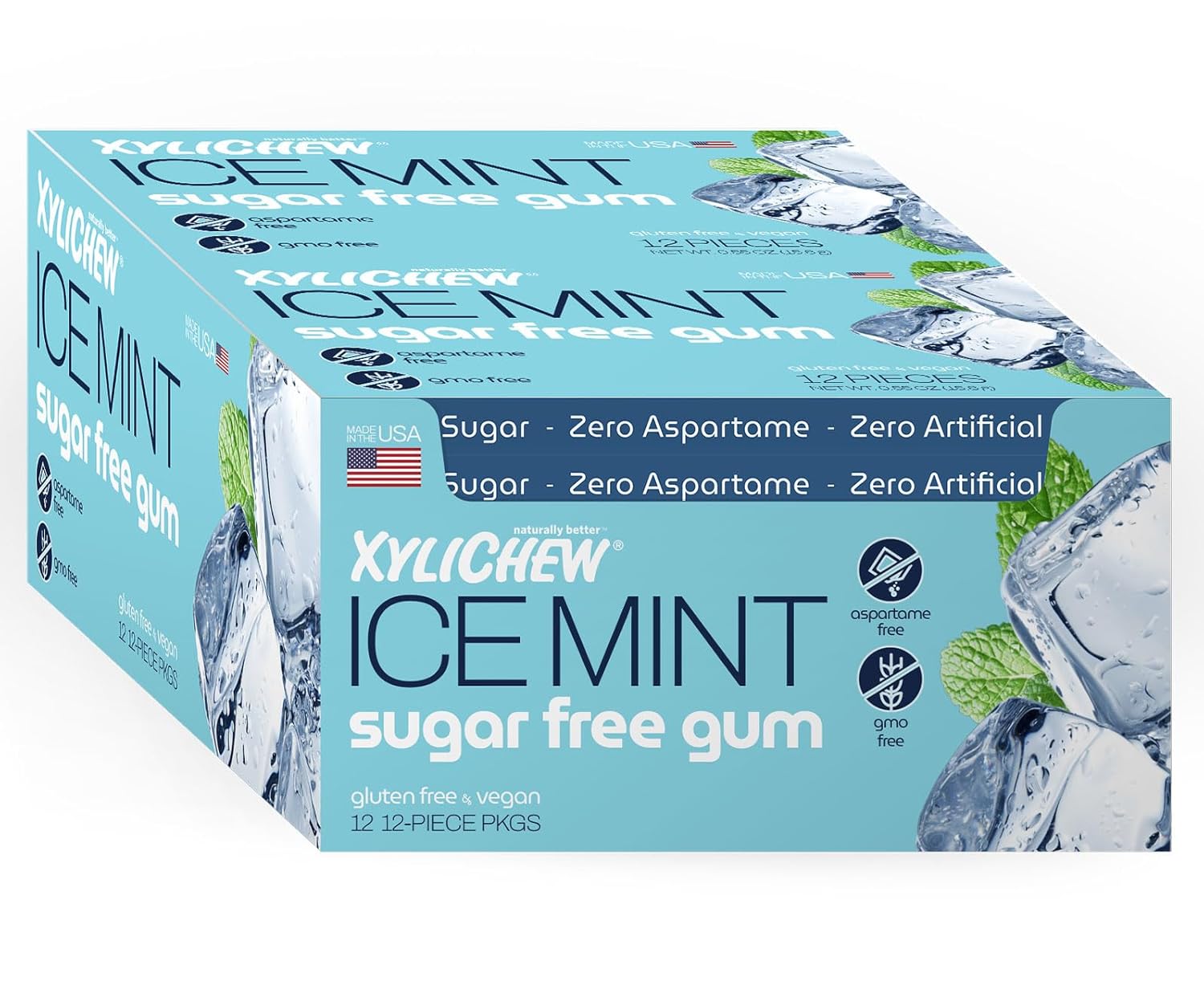 Xylichew 100% Xylitol Chewing Gum - Non GMO, Non Aspartame, Gluten Free, and Sugar Free Gum - Natural Oral Care, Relieves Bad Breath and Dry Mouth - Ice Mint, 144 Count