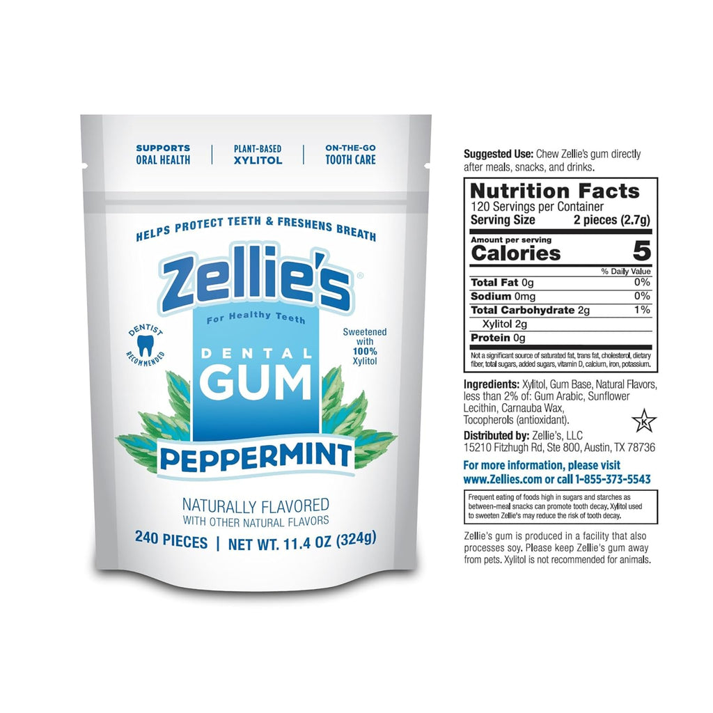 Zellie's | 100% Xylitol Peppermint Chewing Gum | No Aspartame, Gluten Free, Vegan & Kosher (240 Count - Pack of 1)