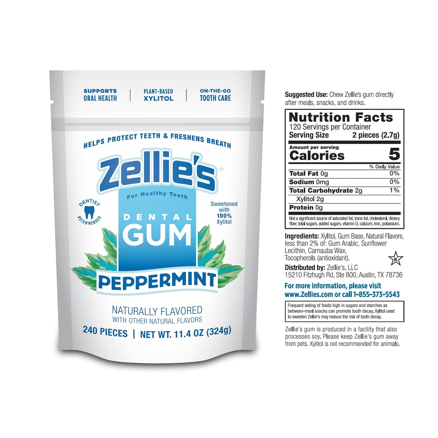 Zellie's | 100% Xylitol Peppermint Chewing Gum | No Aspartame, Gluten Free, Vegan & Kosher (240 Count - Pack of 1)