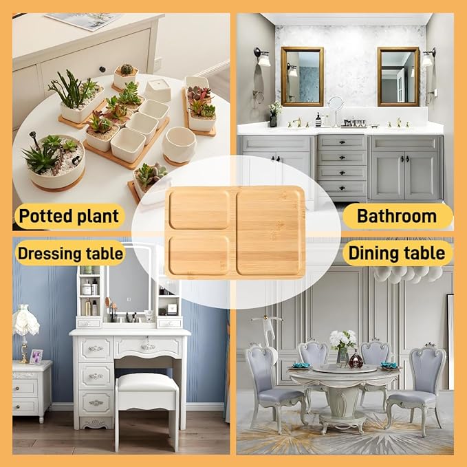1PCS Bamboo Bathroom Trays - Suitable for The Bathroom,Kitchen,Breakfast Tray and Decorative Tray (11.02 in * 7.48 in(3 Grids))