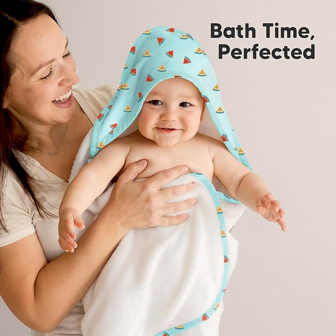 KeaBabies Hooded Baby Towel for Newborn - Viscose Derived from Bamboo Large Baby Bath Towels with Hood for Boys, Girls, Toddler, Extra Absorbent & Soft Newborn Bath Essentials (Melon Beat, Regular)