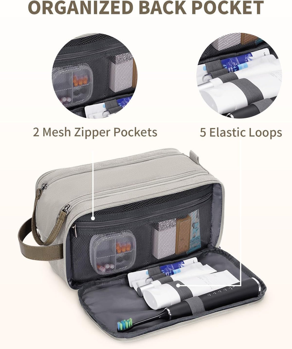 WANDF Toiletry Bag for Men Travel Toiletry Organizer Canvas and Leather Dopp Kit Water-Resistant Shaving Bag for Travel Accessories (Cream Beige, Large)