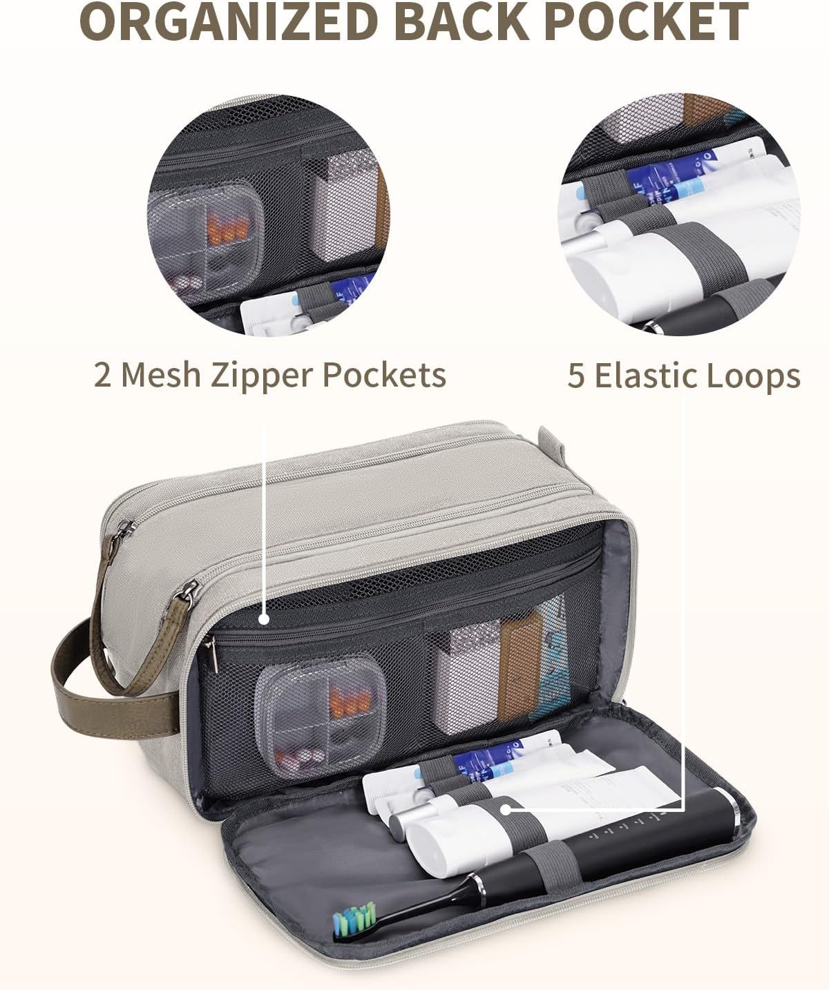 WANDF Toiletry Bag for Men Travel Toiletry Organizer Canvas and Leather Dopp Kit Water-Resistant Shaving Bag for Travel Accessories (Cream Beige, Large)