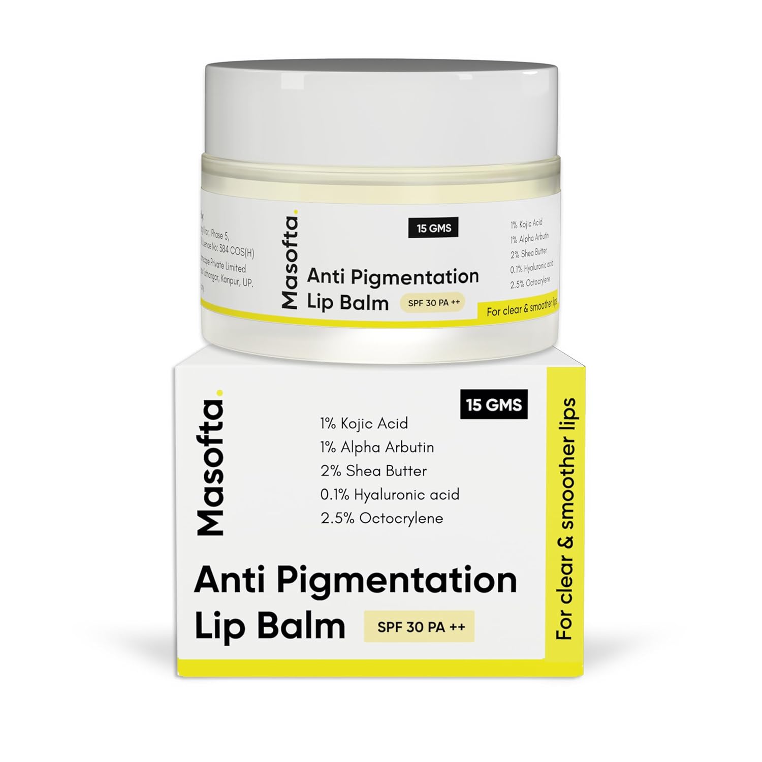 Shea Butter Lip Balm with Kojic Acid, Alpha Arbutin & Shea Butter for Smooth, Crack Free & Clear Lips, SPF 30 PA++, For Men & Women, 0.52 oz/15GMS