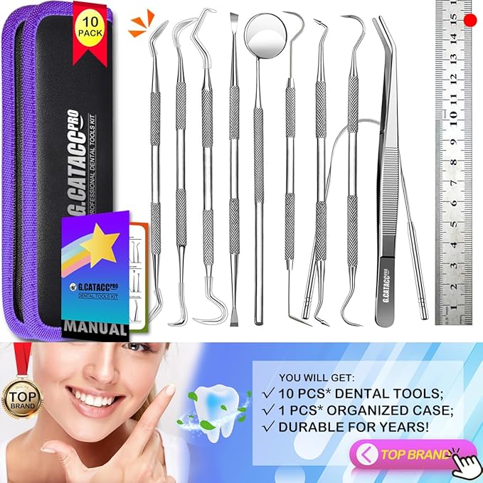 G.CATACC 10 Pack Dental Tools, Professional Plaque Remover for Teeth Cleaning Tools Set, Stainless Steel Hygiene Kit with Dental Pick Tooth Scraper Plaque Tartar Remover Tongue Cleaner - with Case
