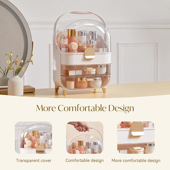 Makeup Organizers, Make Up Organizer for Vanity, Countertop Cosmetic Storage with Drawers and Transparent Cover for Bedroom Bathroom, Pearl White