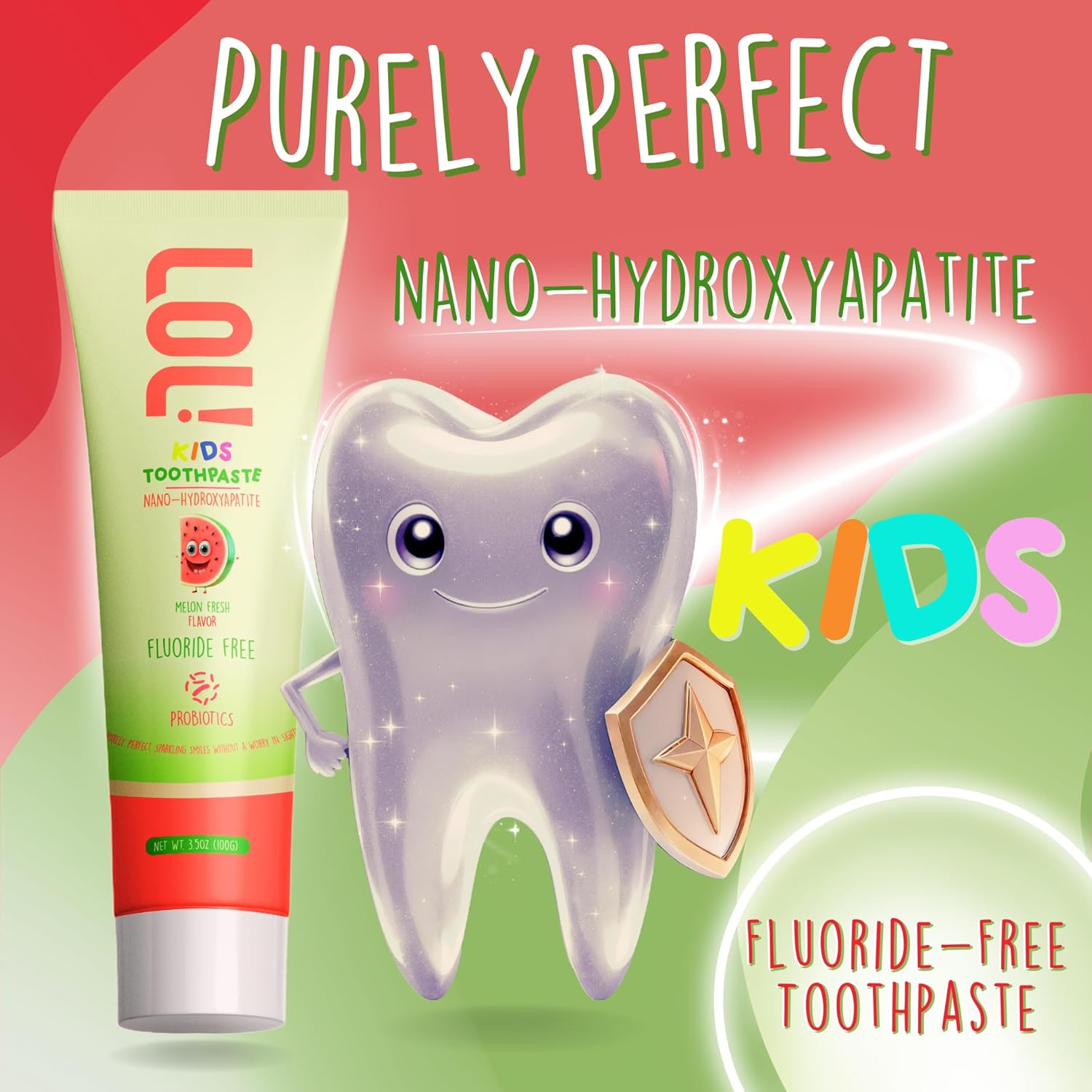 LOL Kids Toothpaste | Fluoride Free 2-Flavors Pack | Nano Hydroxyapatite Toothpaste, Probiotics, Vitamins A, C, E | Safe if Swallowed, No SLS | 1 Melon Flavor, 1 Peppermint