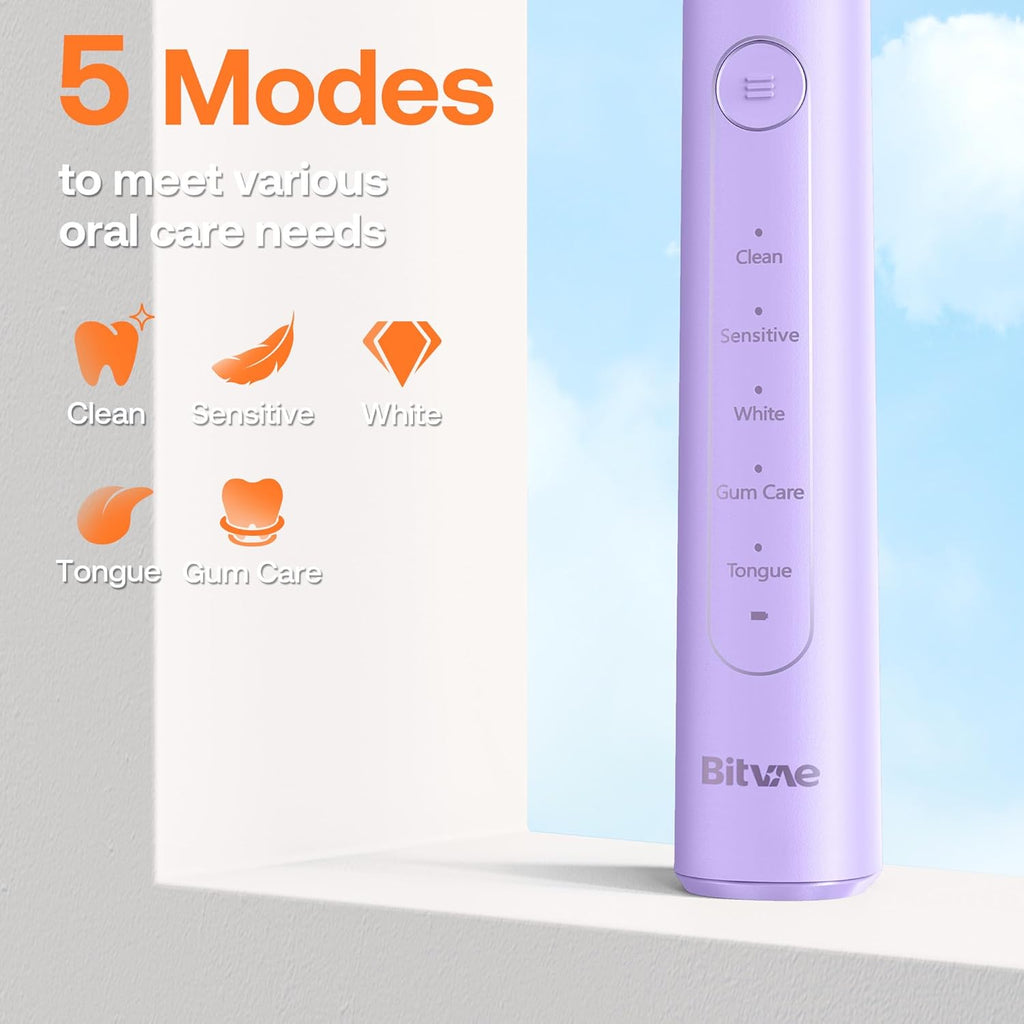 Bitvae R2 Rotating Electric Toothbrush for Adults with 8 Brush Heads, 5 Modes Rechargeable Power Toothbrush with Pressure Sensor, Purple