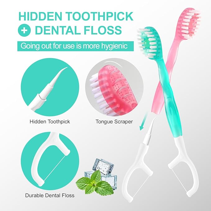 JASUNLEE 20Pack Mini Disposable Toothbrushes with Toothpaste Tongue Scraper Floss Pick 5-in-1 Portable Pre-Pasted Travel Toothbrush On The Go Toothbrush for Kids Adult