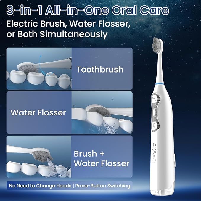 3-in-1 Flossing Toothbrush-Flosses, Vibrates and Oscillates, Electric Toothbrush with Water Flosser Equipe 5 Brush Heads, Plaque Removal for Sensitivity, Braces-White