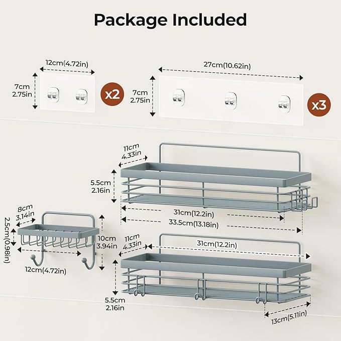 Orimade Adhesive Shower Caddy Soap Dish Holder Shelf with 5 Hooks Bathroom Organizer Basket Kitchen Storage Rack Wall Mounted No Drilling Stainless Steel - 3 Pack, Light Blue Grey
