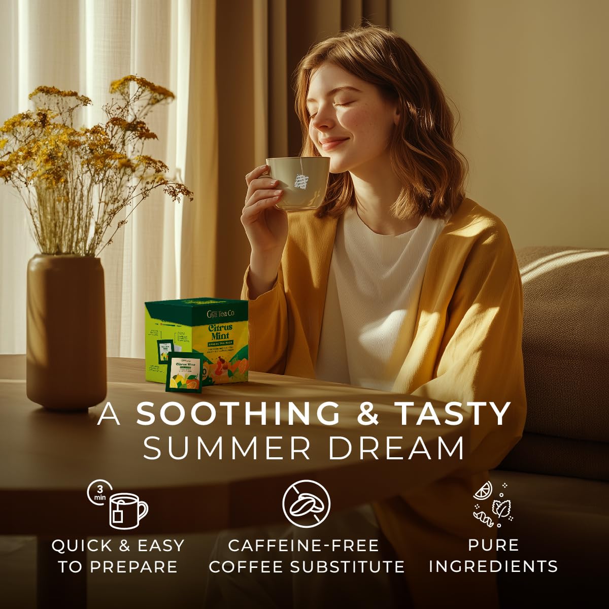 Gya Tea Co Citrus Mint Herbal Tea Bags (20 Bags) - Caffeine Free with a Tangy Flavor for All Day Comfort, Calming, Relaxing & Nourishing - Fruit & Herbal Blends