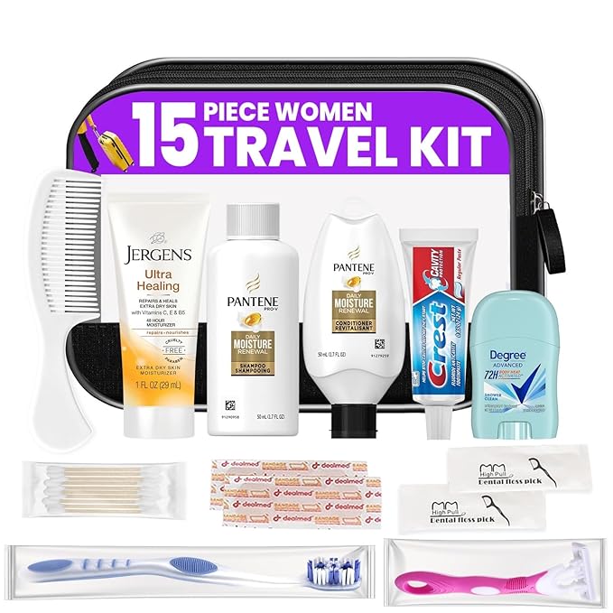 Trektote Toiletry Kit For Women, Featuring Top Brand Toiletries for Whole Body, TSA Compliant Travel Essentials with Shampoo, Conditioner, Lotion, Toiletry Bag & More, 15 Piece Set