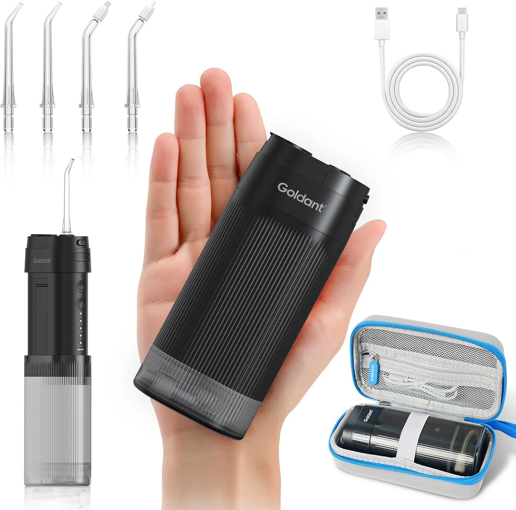 Portable Water Flosser for Teeth with Exquisite Travel Case, Cordless Rechargeable Mini Oral Irrigator with Removable Tank, IPX7 Waterproof, 4 Modes & 4 Jet Tips for Tooth Cleaning (Black)