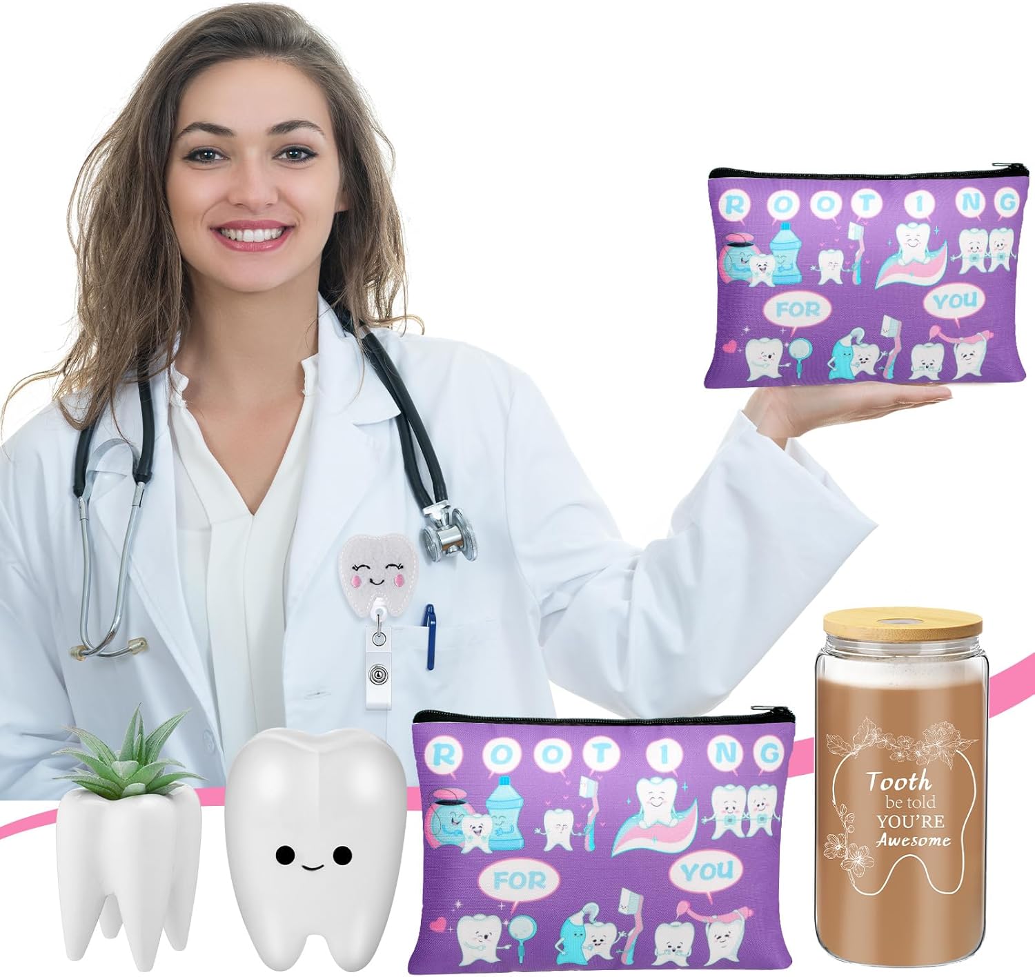 Pickmesh 6 Pcs Dental Gifts Nurse Assistant Hygienist Gifts 16 oz Glass Cups with Lid Makeup Bag Smiling Tooth Shape Felt Badge Holder Ceramic Pen Toothbrush Pot for Women Coworkers(Purple)
