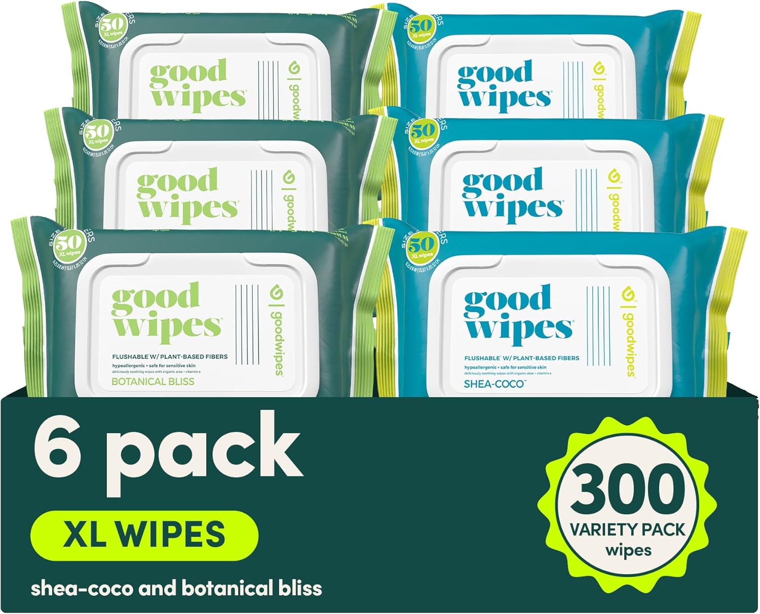goodwipes Flushable Butt Wipes - Extra Large Adult Wet Wipes For Women & Men - Bathroom Essentials - Sewer & Septic Safe - Shea Coco & Botanical Bliss, 300 Count (6 Packs)
