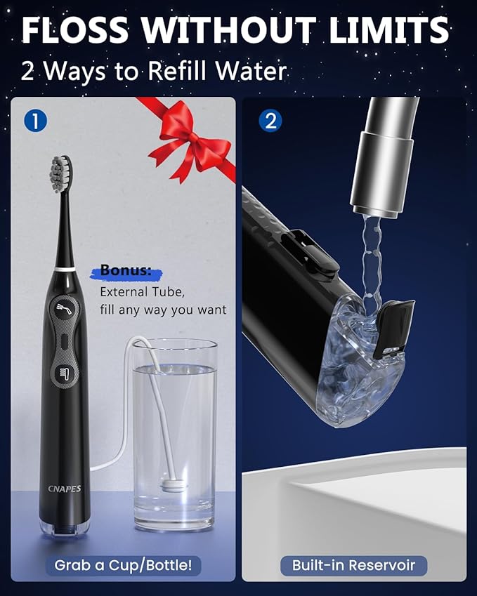 Electric Toothbrush with Water Flosser 3-in-1 Combo, Oscillating & Vibrating Dual Action Flossing Toothbrush, Portable, Clean Plaque& Teeth, 5 Brush Heads, Sonic Electric Toothbrush for Adults