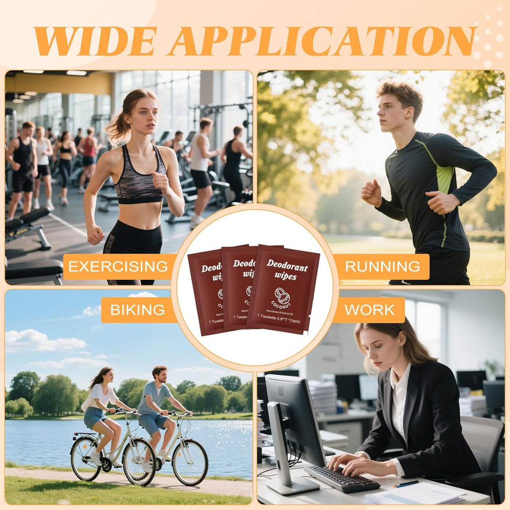 Travel Deodorant Wipes Individually Wrapped,Body Wipes to Clean Skin for Women Men（Coconut,pack of 100)