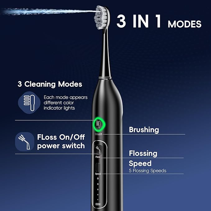 Electric Toothbrush with Water Flosser, 3 Sonic Modes, 5 Flossing Speeds with 3 Brushes + 1 Nozzle, Portable Flossing Toothbrush Combo for Adults Teeth Cleaning Kit for Plaque Removal,Black